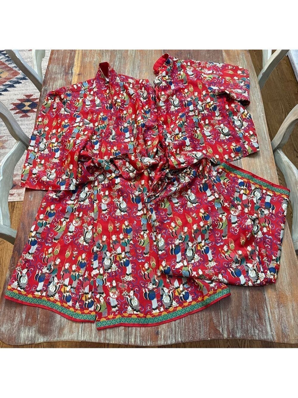 Vintage Josie Natori Red Chinoiserie Kimono Robe Pajama Set